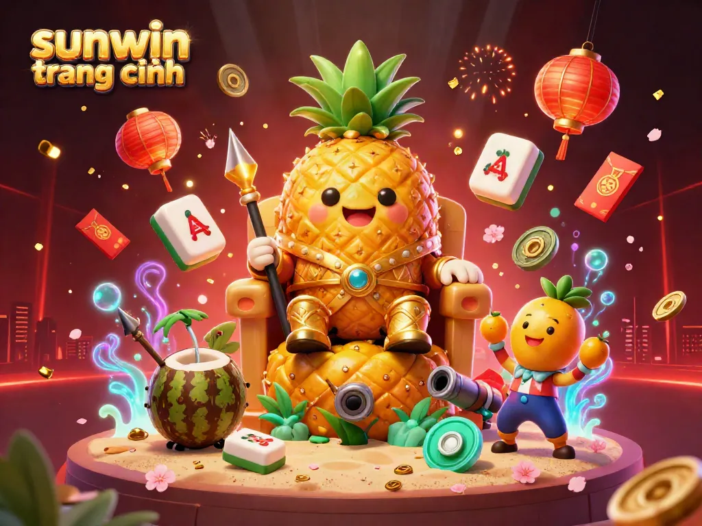 Engage with sunwin trang chính at the colorful beach casino featuring a golden pineapple king and lively game elements.