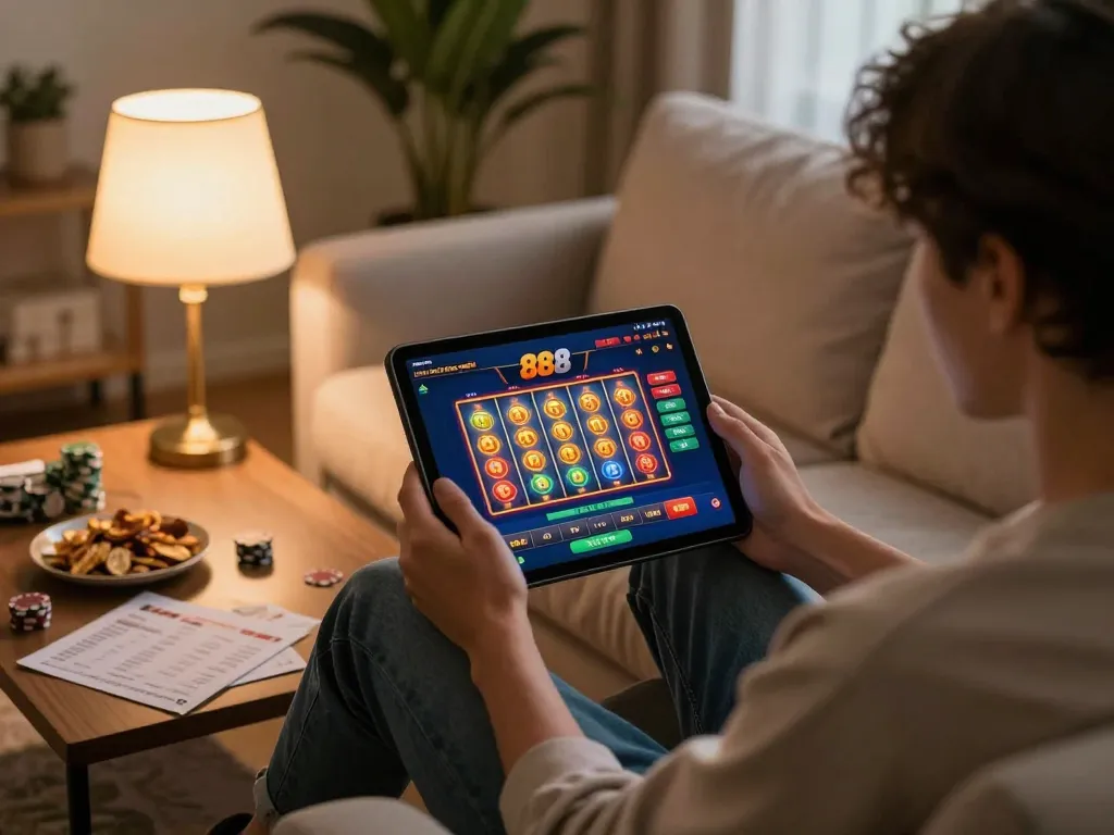 Terlibat dalam permainan online dengan slot88 resmi apk di tablet dalam suasana rumah yang nyaman.