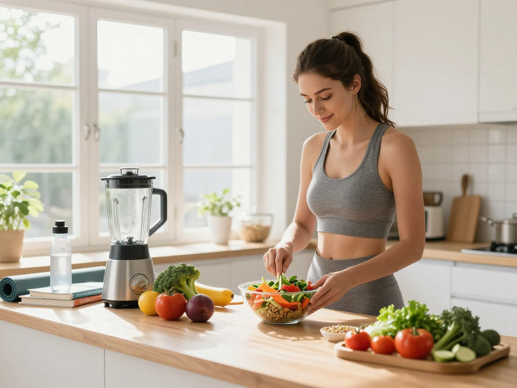 Healthy cooking scene showcasing rokok88 login lifestyle with nutritious meal preparation in a bright kitchen.