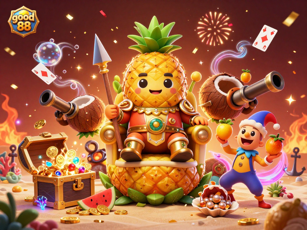 Experience the thrilling action with good 88 as characters engage in vibrant beach casino fun amidst confetti and glowing treasures.