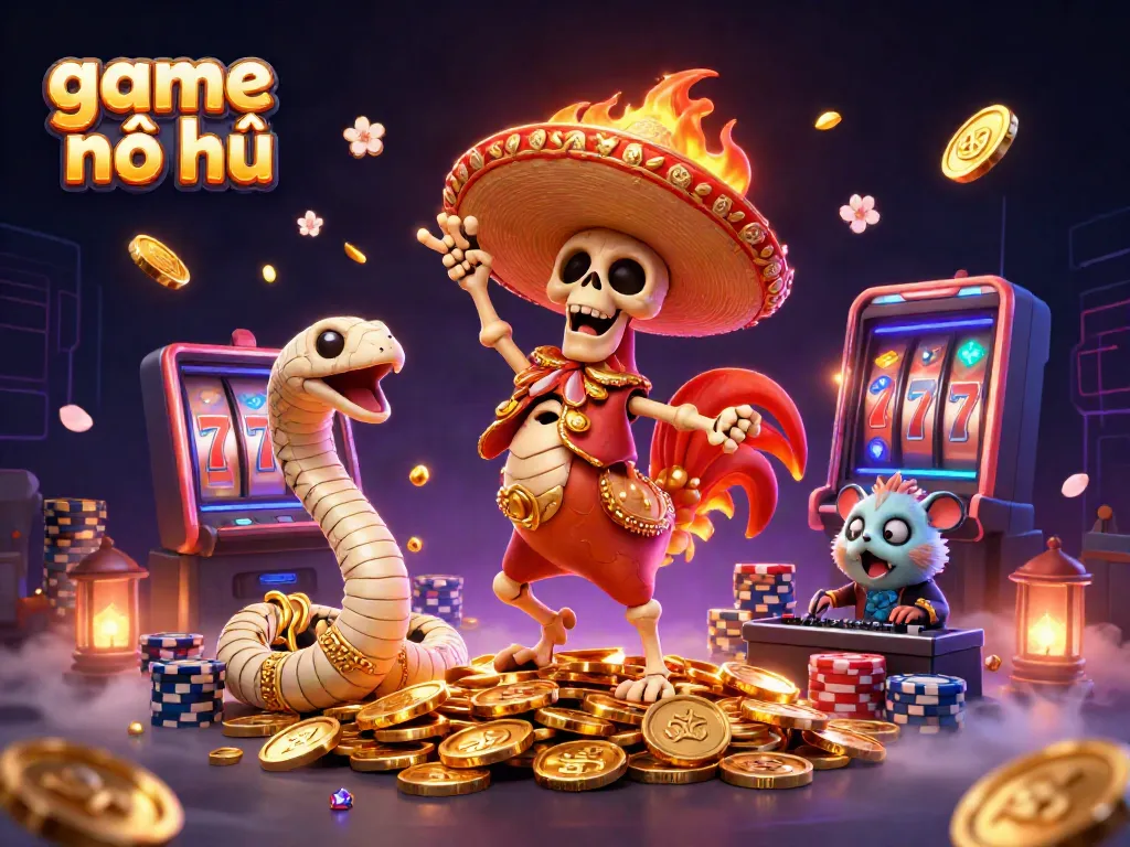 Experience the thrill of game nổ hũ with vibrant 3D characters celebrating amidst golden coins.