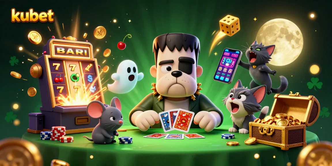 Kubet offers an exciting lively gaming scene, showcasing a colorful 3D monster dealer and a thrilling slot machine explosion.