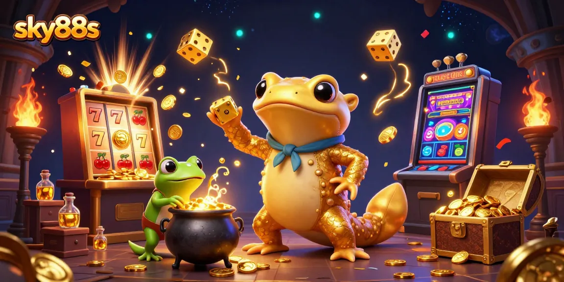 Experience exciting gaming at sky88s with golden coins and jackpot symbols in a lively casino scene.