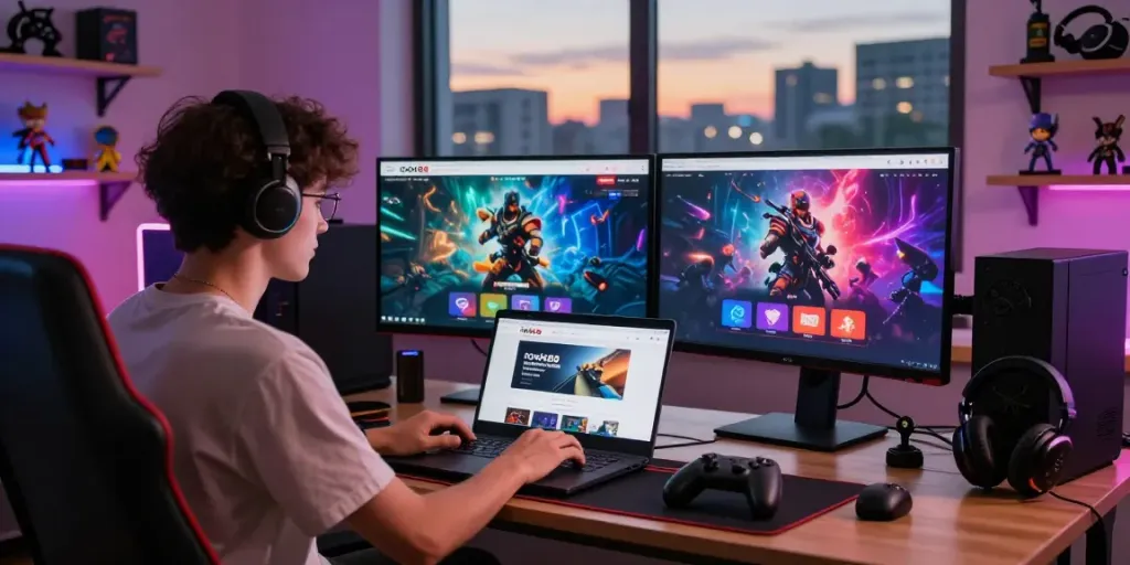 Engaging scene showcasing rokok88 gaming platform navigation on a laptop with vibrant visuals and gaming accessories.