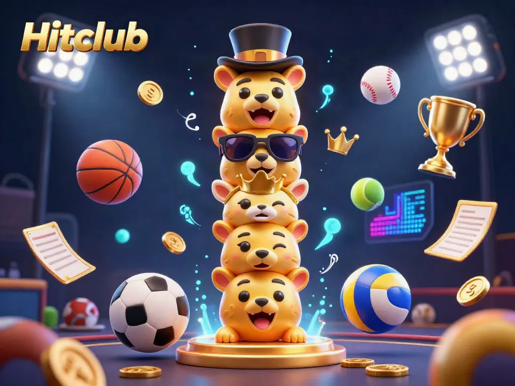 Hitclub totem pole surrounded by dynamic sports elements, showcasing vibrant gambling excitement in a 3D casino illustration.