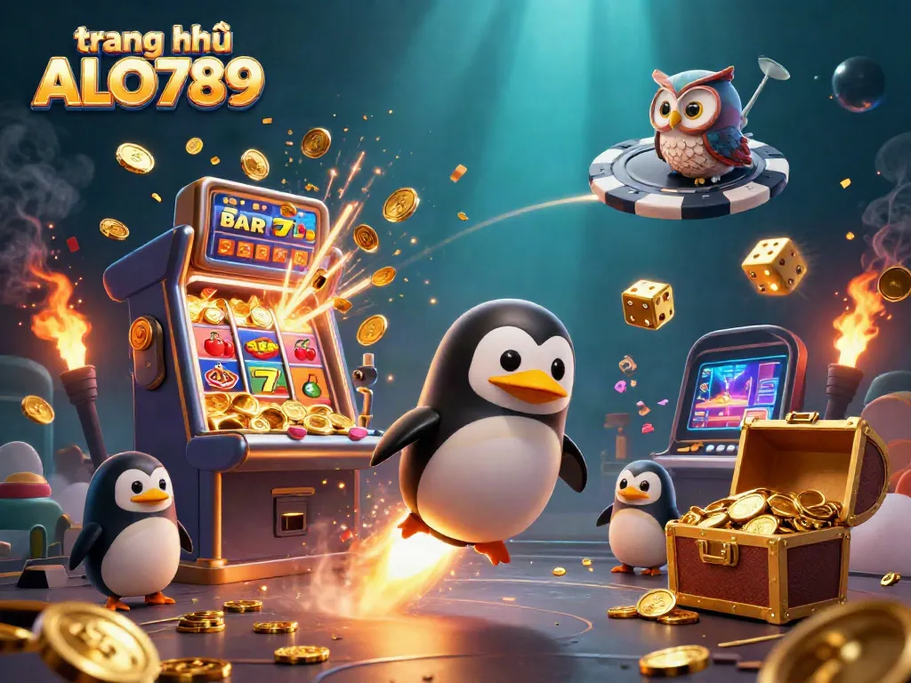 Spin for rewards at the trang chủ ALO789 with a dazzling 3D casino scene featuring a penguin and slots.