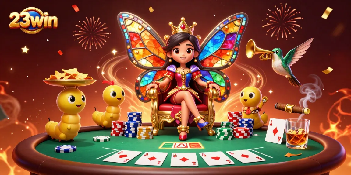 Experience thrilling gameplay at 23win, featuring vibrant 3D casino illustrations with poker elements.