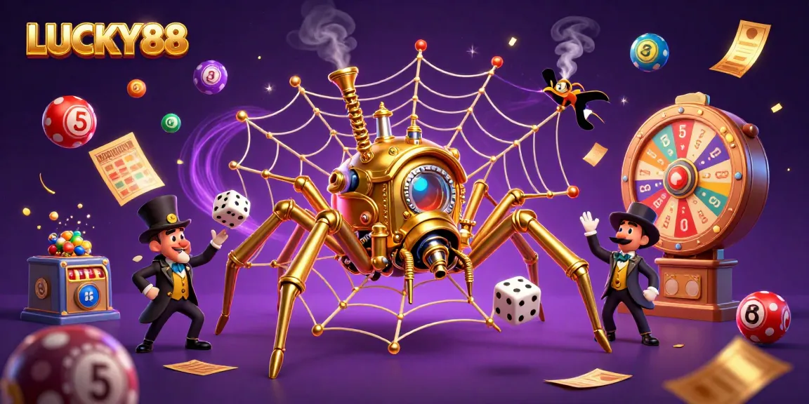 Experience the thrill of LUCKY88 with vibrant lottery elements and a charming steampunk spider trap.