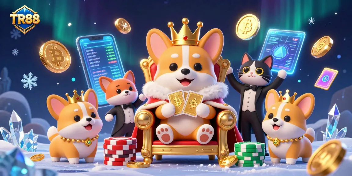 Experience the thrill of gaming with TR88's vibrant scene featuring royal corgi characters and cryptocurrency elements.