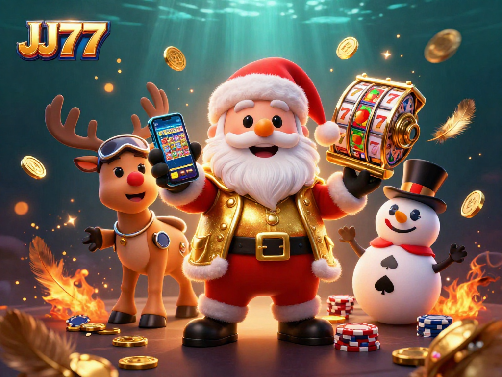 Win big with JJ77's casino-themed illustration of Santa and friends at the slots!