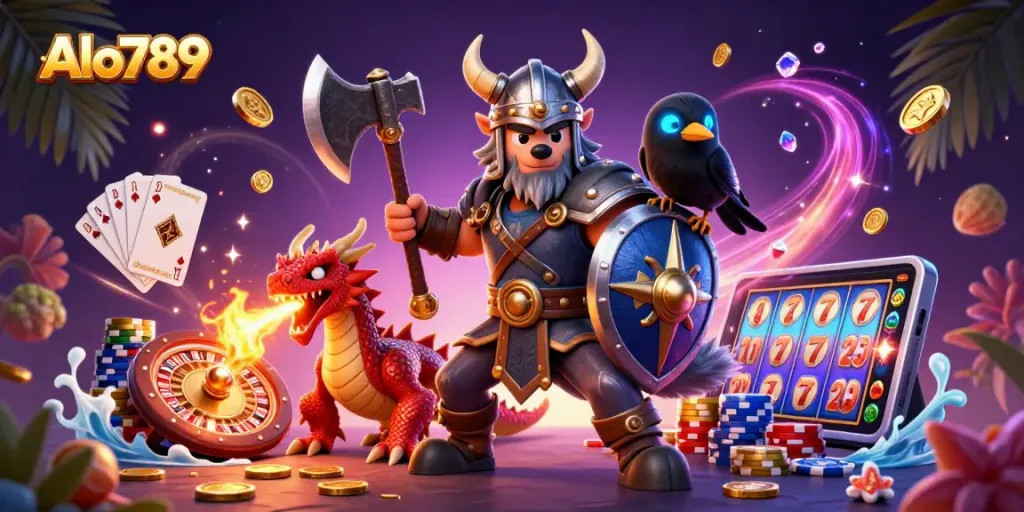 Alo789 showcases a Viking wolf warrior, fierce dragon, and cartoon raven in an engaging casino illustration.