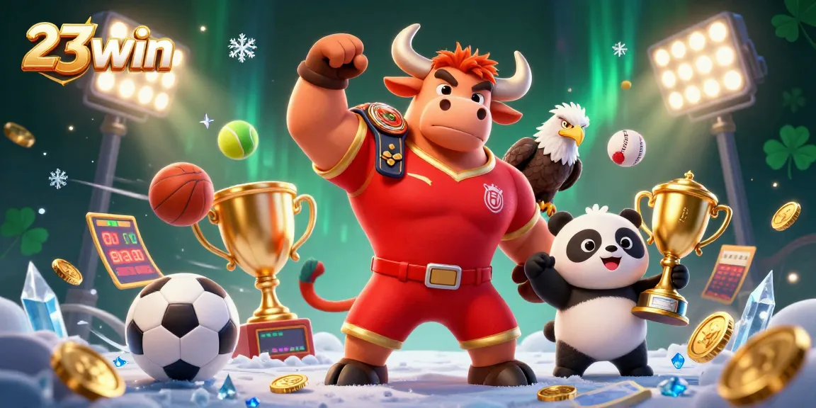 Experience thrilling wins at 23win with energetic celebrations featuring a bull mascot, eagle, and panda.