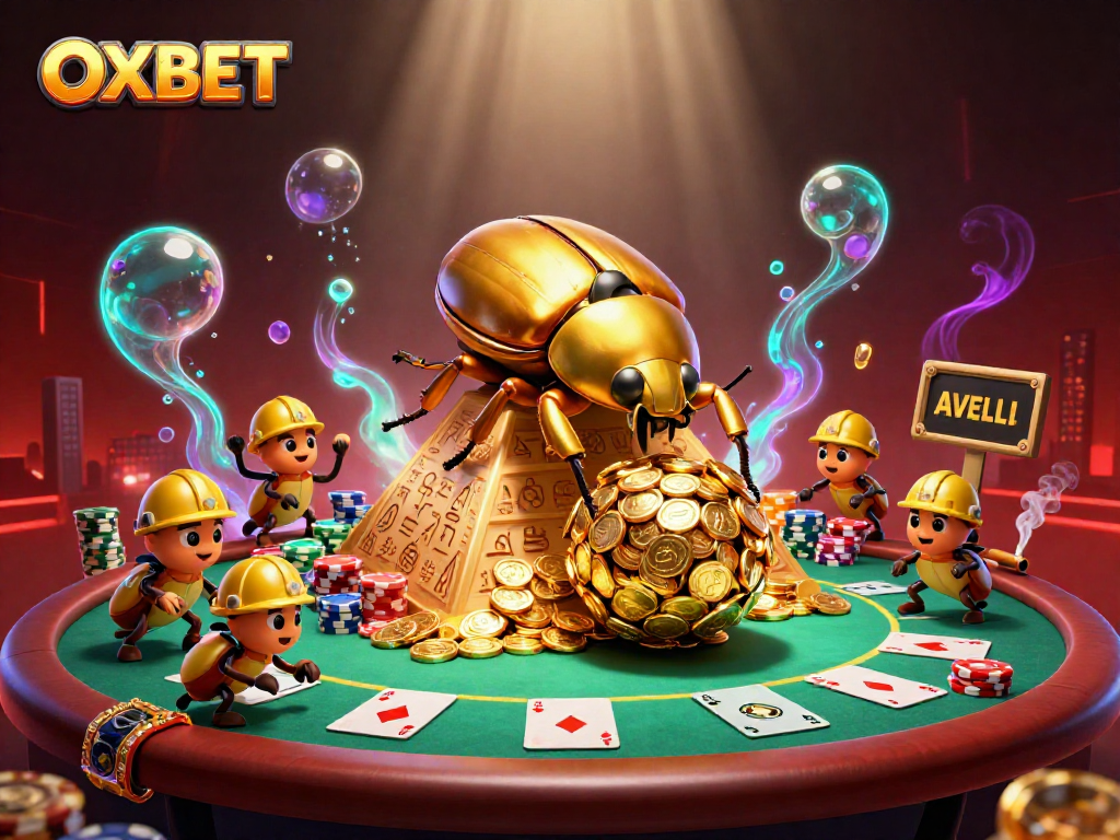 Experience exciting gameplay with OXBET while a golden beetle rolls coins and a poker scene unfolds.