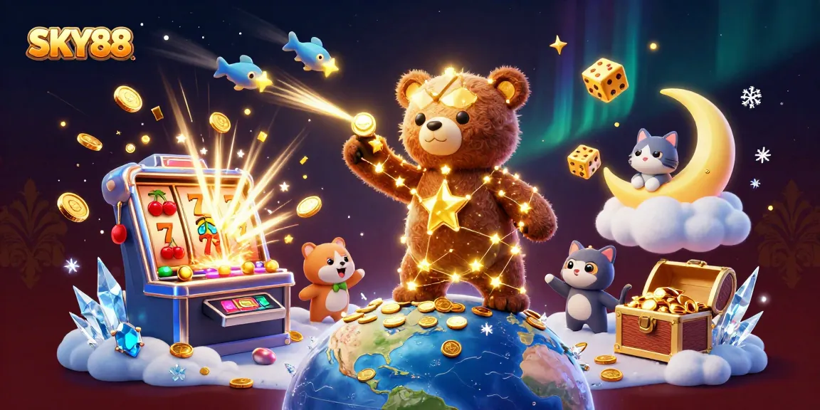 Win big with SKY88 in this vibrant illustration showcasing casino games and cosmic fun!