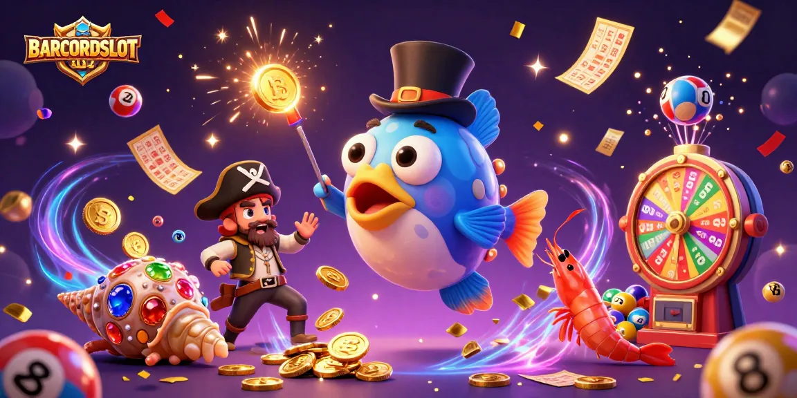 BARCODESLOT slots scene featuring an anglerfish and pirate shrimp attracting golden coins amid vibrant casino elements.