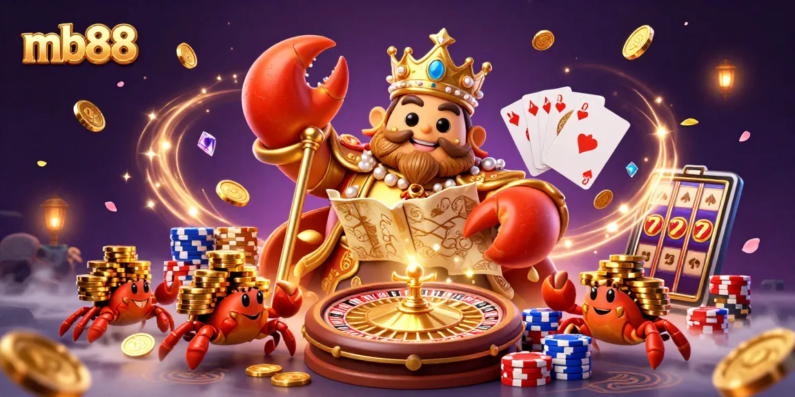 Bet on mb88 with a golden crab emperor captivating players in a vibrant 3D illustration.
