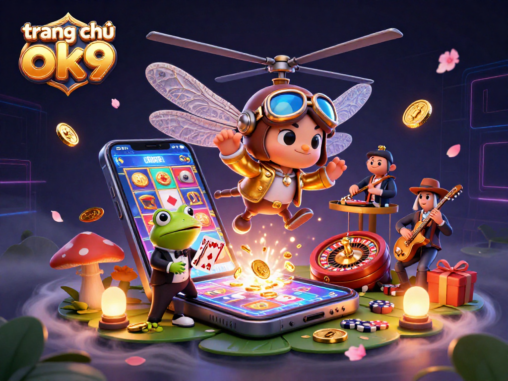 Experience gaming excitement at trang chủ ok9 with a vibrant illustration of casino action and unique characters.