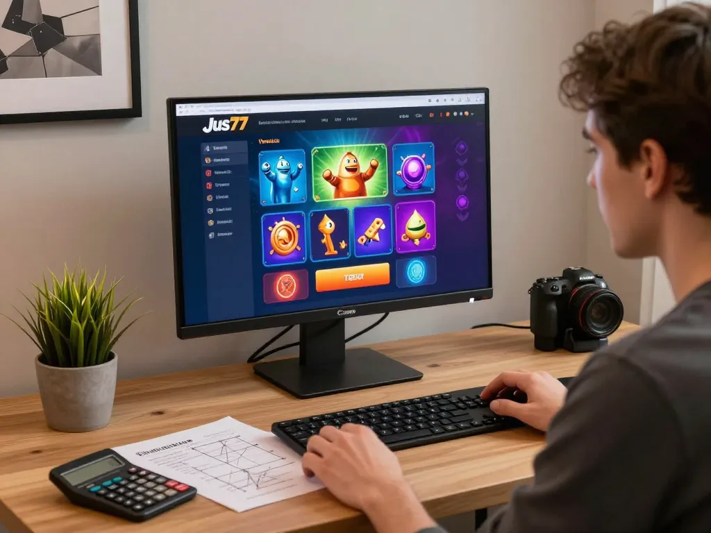 Engaging scene of a player strategizing for jus77 online casino gaming, showcasing an organized and vibrant workspace.