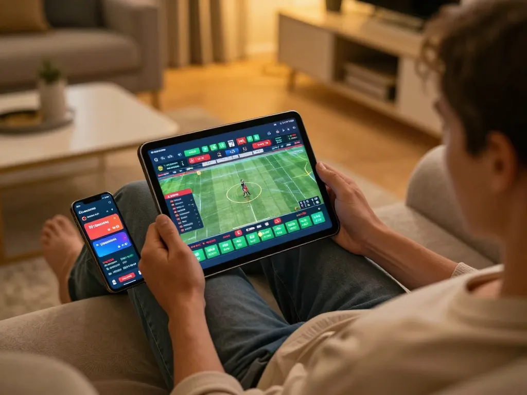 Engaging mobile betting experience with uk88 app on tablet, showcasing enthusiasm and strategy in a cozy atmosphere
