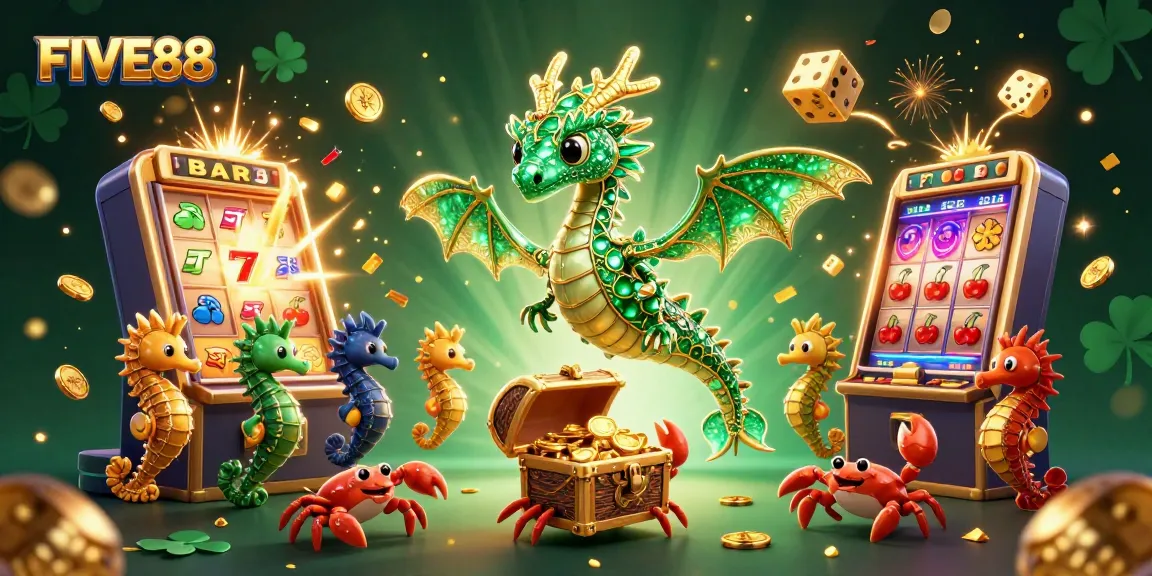 Engage in thrilling gameplay at FIVE88 with a vibrant casino scene featuring slots and treasure.