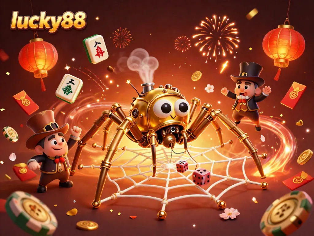 Catch the excitement at lucky88 with a dynamic 3D scene of a steampunk spider creating a web of chance and fortune.