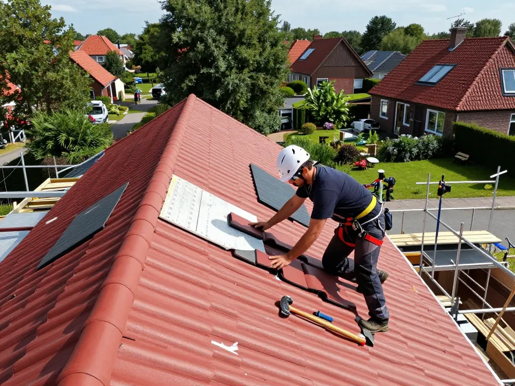 Expert dakdekker Nijkerk installeert kwaliteitsdakpannen op een woonhuis.