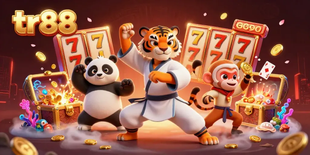 Engage with tr88 through a thrilling 3D illustration showcasing a kung fu tiger master, panda disciple, and monkey student surrounded by slot reels and treasures.