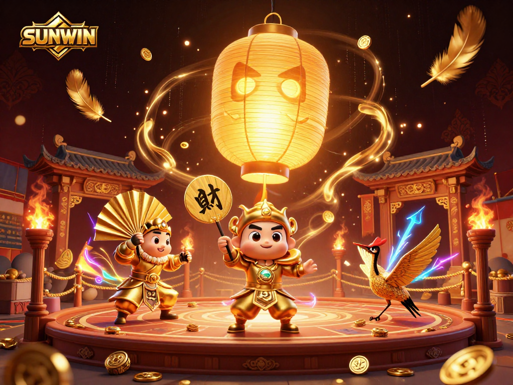 Experience exhilarating plays at SUNWIN, featuring a vibrant casino scene with dynamic characters and golden elements.