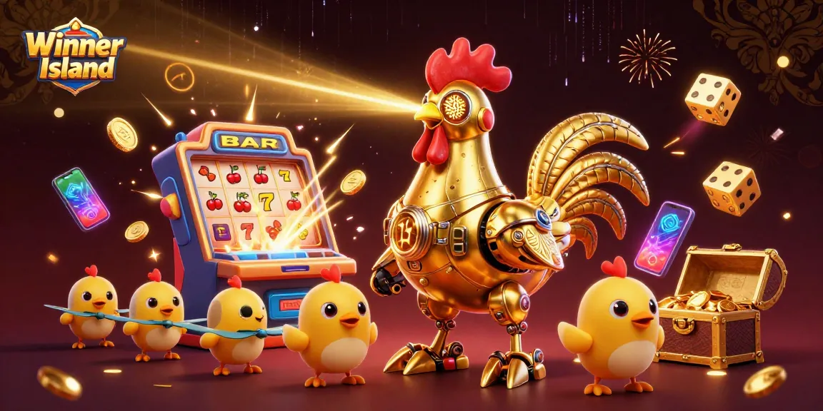 Experience adventure and excitement on Winner Island with a vibrant casino scene featuring intense gaming elements.