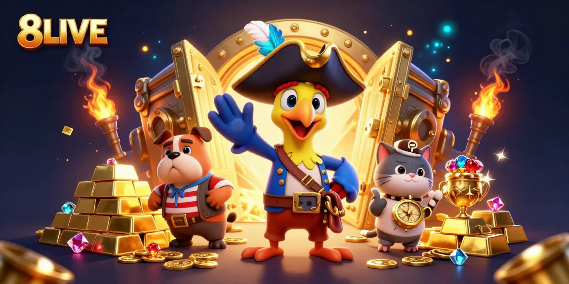 Experience the thrilling world of 8LIVE with cartoon pirate captain and treasures in a vibrant casino illustration.
