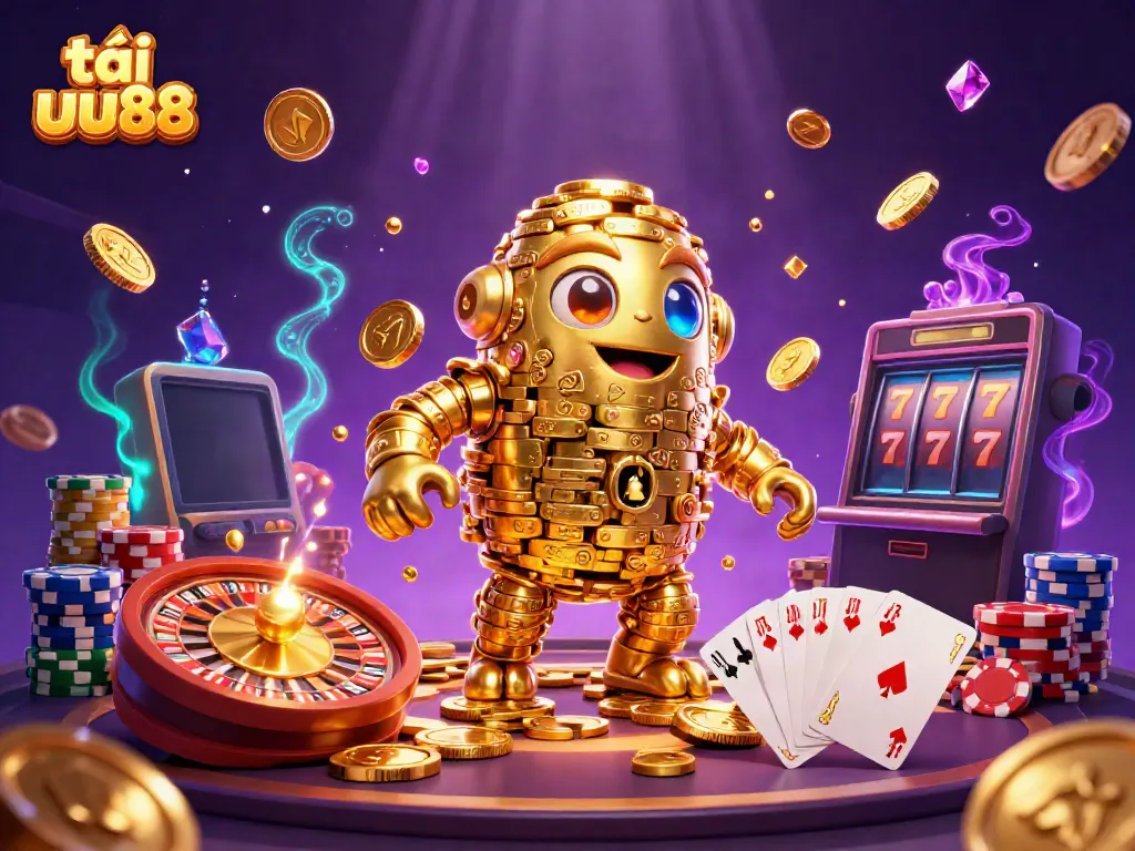 Play thrilling games at tải uu88 with an exciting 3D golden golem surrounded by casino elements.