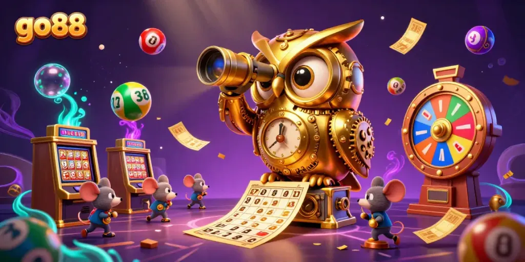 Experience the thrill of go88, where a golden owl oversees dynamic casino games and colorful lottery elements.