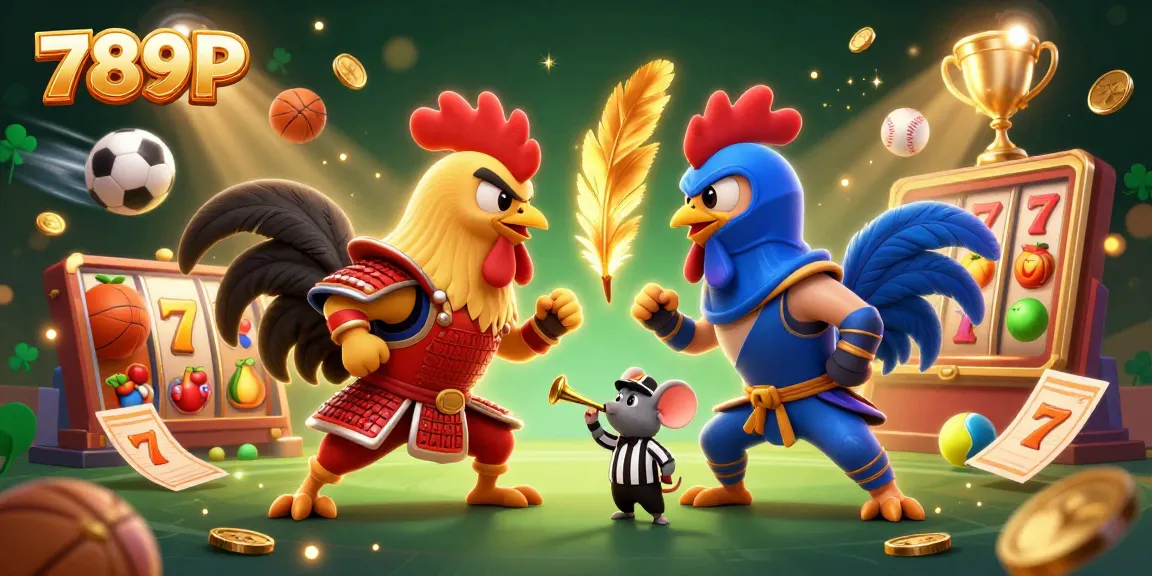 Witness the exciting clash of 789P's cartoon fighting roosters amidst engaging slot and sports elements showcasing vibrant gambling action.
