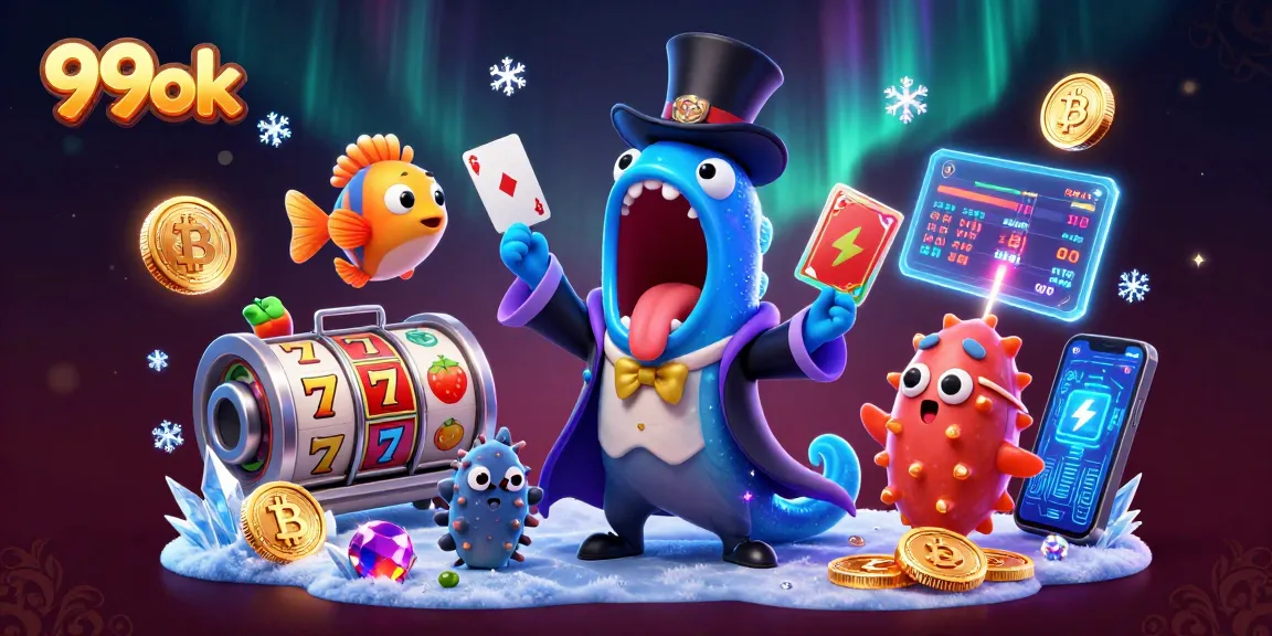 Engage with exciting games at 99ok; a vibrant casino scene featuring an eel magician.