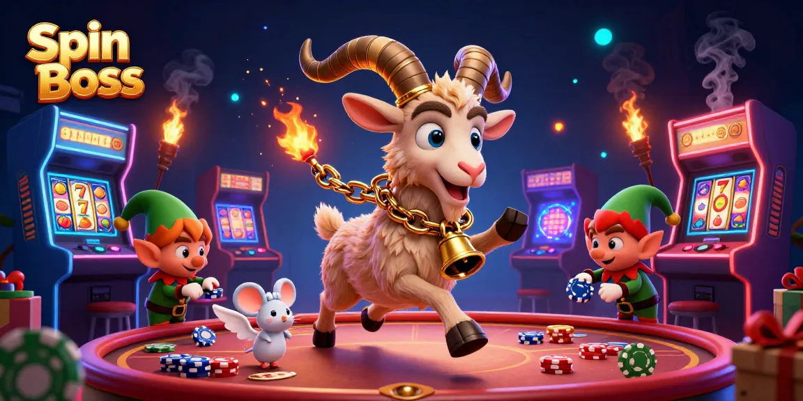 Spin Boss casino scene with lively characters around gambling elements showcasing vibrant slot machines.