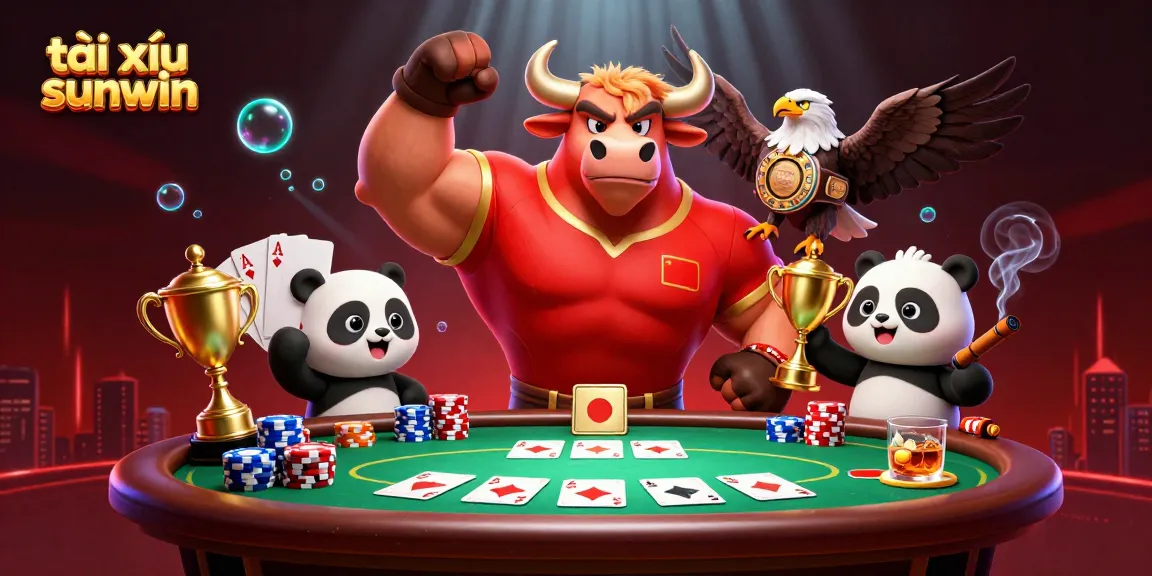 Tài xỉu sunwin gaming scene with a bull mascot, eagle, and panda celebrating a poker win