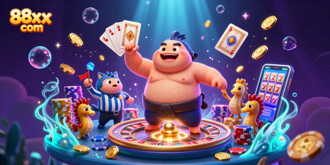 Play slot games and win big on 88xx com with vibrant casino illustrations, featuring dynamic characters and action.