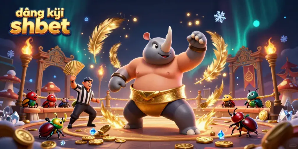 Experience the thrill of đăng ký shbet with a dynamic 3D scene featuring a sumo beetle champion and referee.