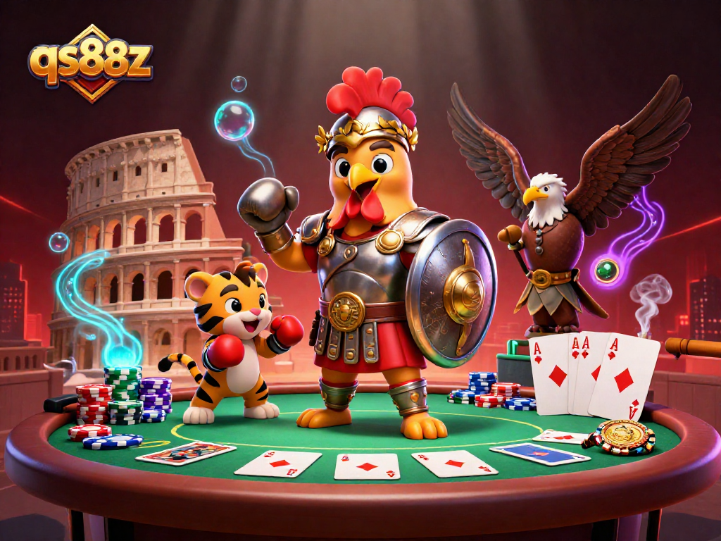 qs88z showcases an exciting poker scene with a gladiator rooster and lively game elements.