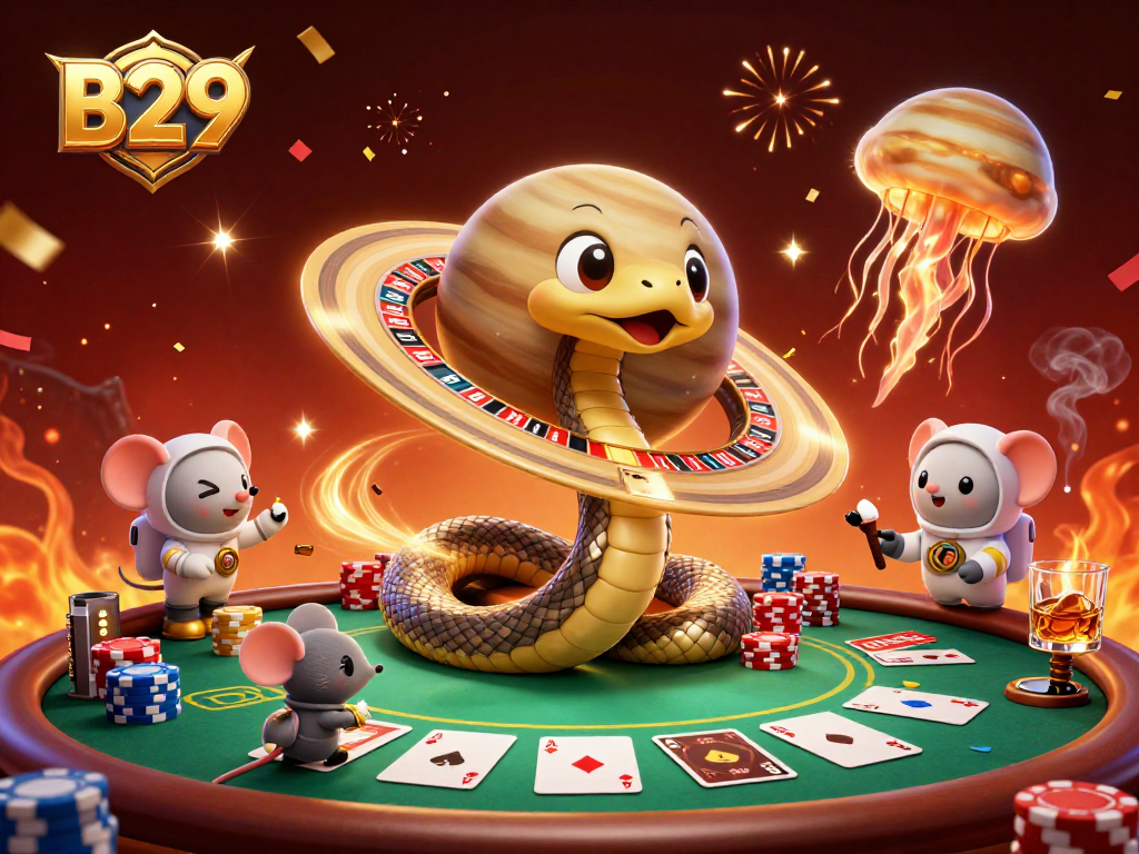 B29 casino players spin the roulette with animated characters celebrating in a vibrant cosmic scene.