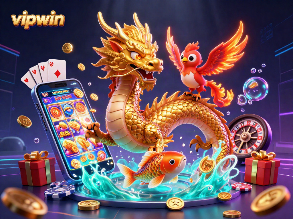 Win big with vipwin in a dynamic 3D scene featuring dragon, phoenix, and golden koi!