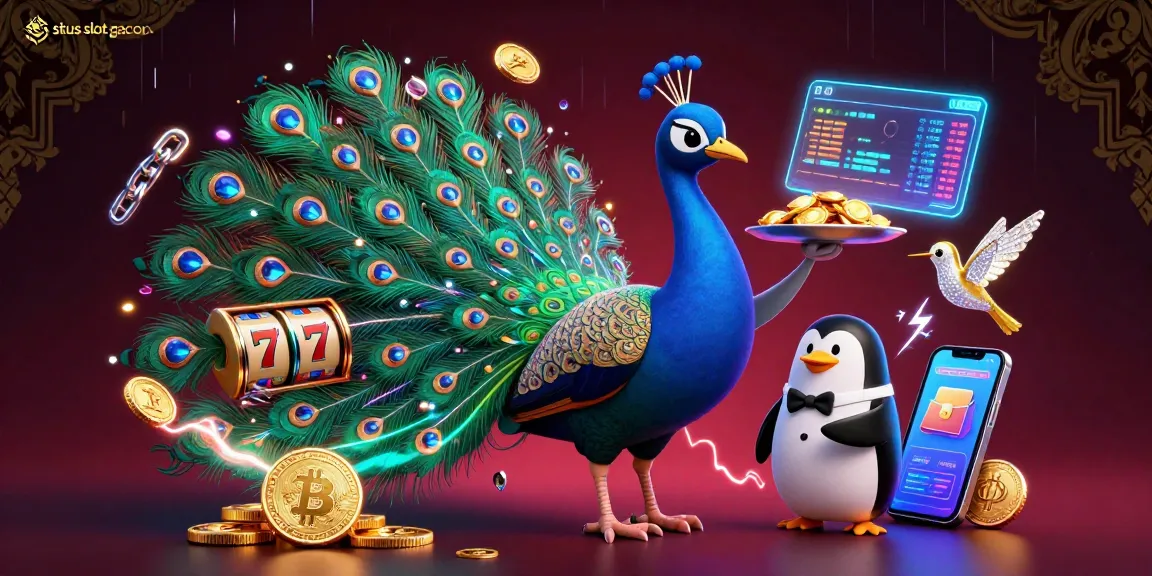 Experience situs slot gacor with a packed 3D casino scene featuring a peacock, penguin, and hummingbird amid slot reels and cryptocurrency.