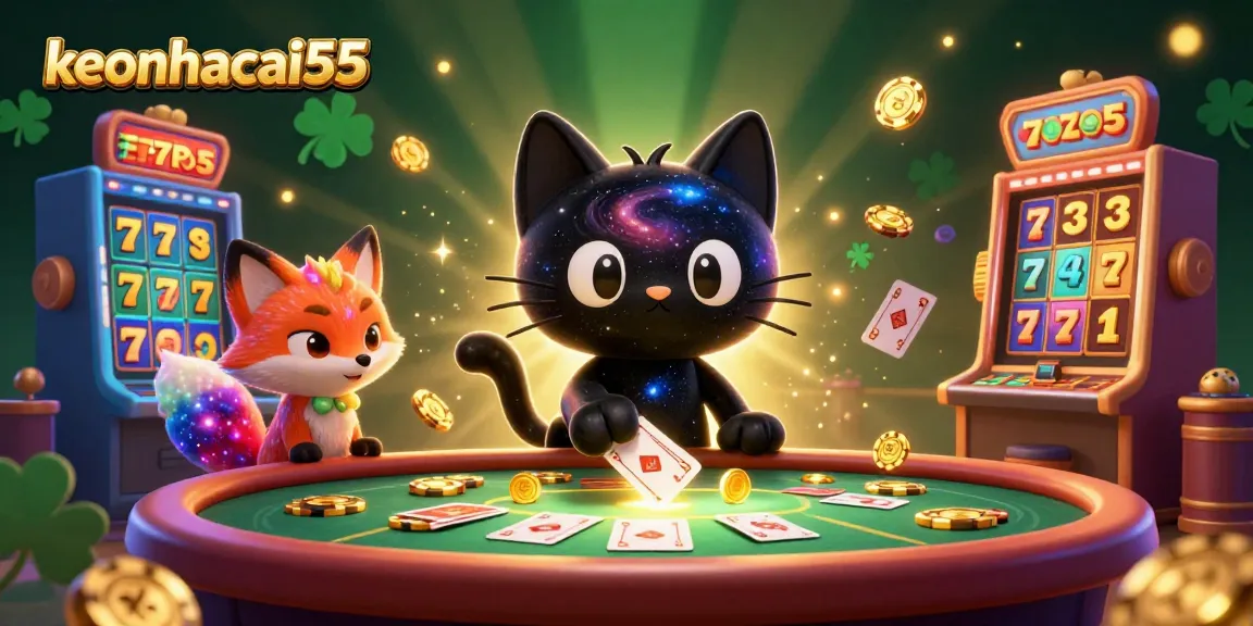 Engage with exciting gameplay at keonhacai55 while the black hole cat attracts winning chips and cards.