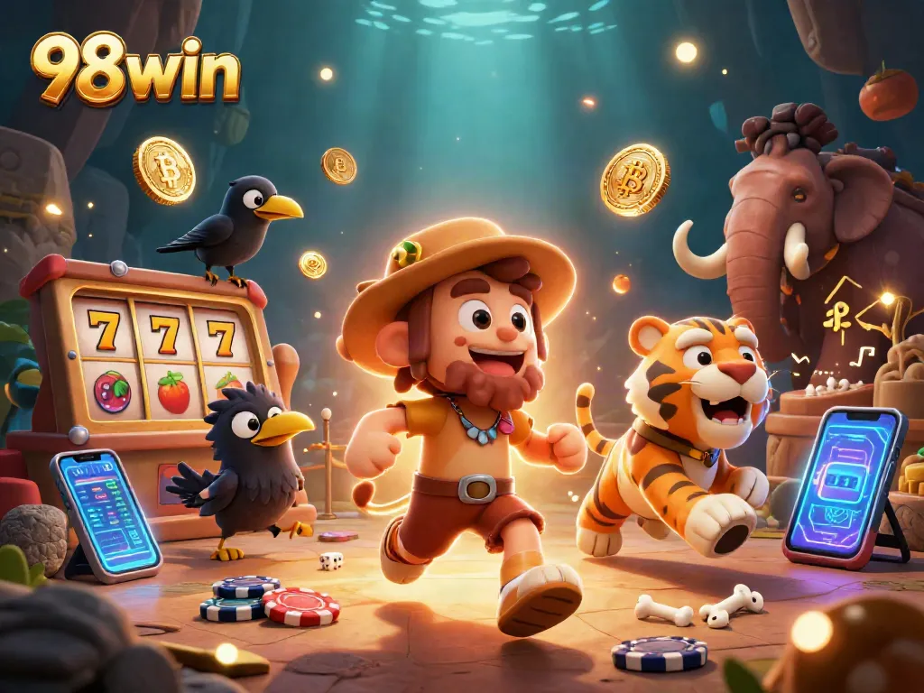 Bet on 98win with unique prehistoric casino action featuring slot reels and crypto coins.