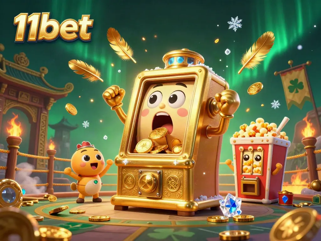Experience thrilling winning moments with 11bet as a lively golden slot machine celebrates its jackpot amidst cheering companions and festive elements.