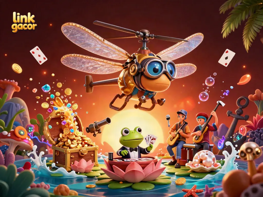 Spin to win with link gacor as dragonfly pilot oversees vibrant lily pad casino.