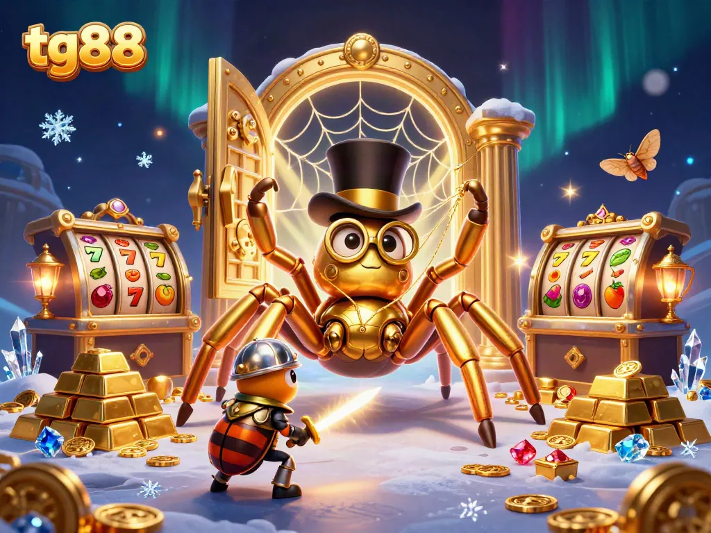 Engage with the vibrant tg88 casino scene featuring a golden tarantula and beetle knight amidst slot machines.