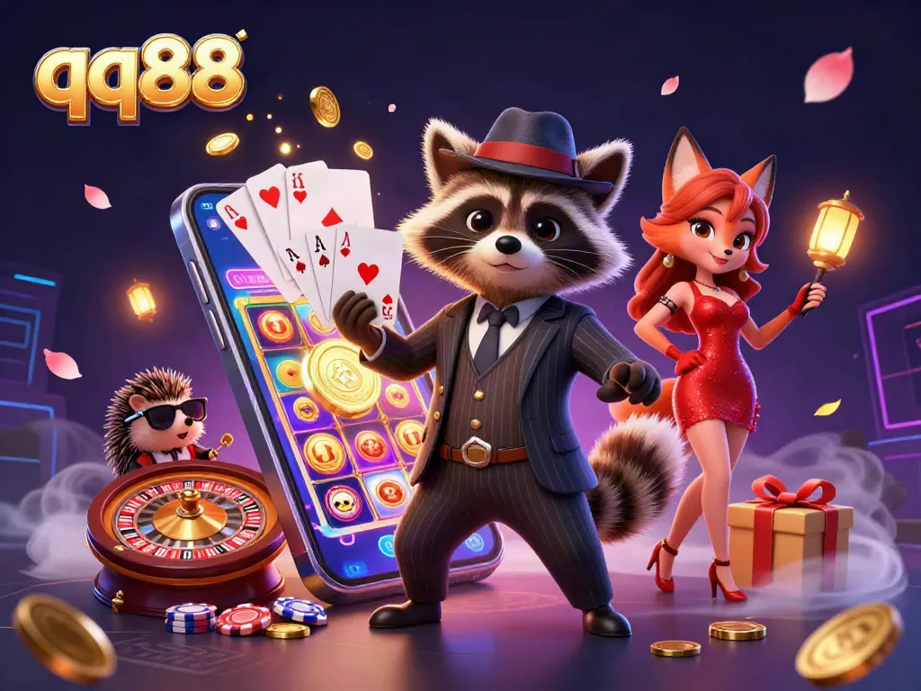 Engage with qq88's vibrant casino illustration featuring charming characters and exhilarating game elements.