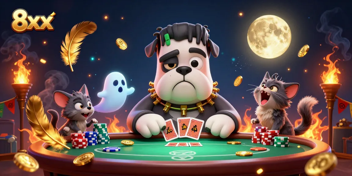 Play cards in style with 8xx characters including a Frankenstein bulldog and a werewolf kitten in a vibrant casino setting.