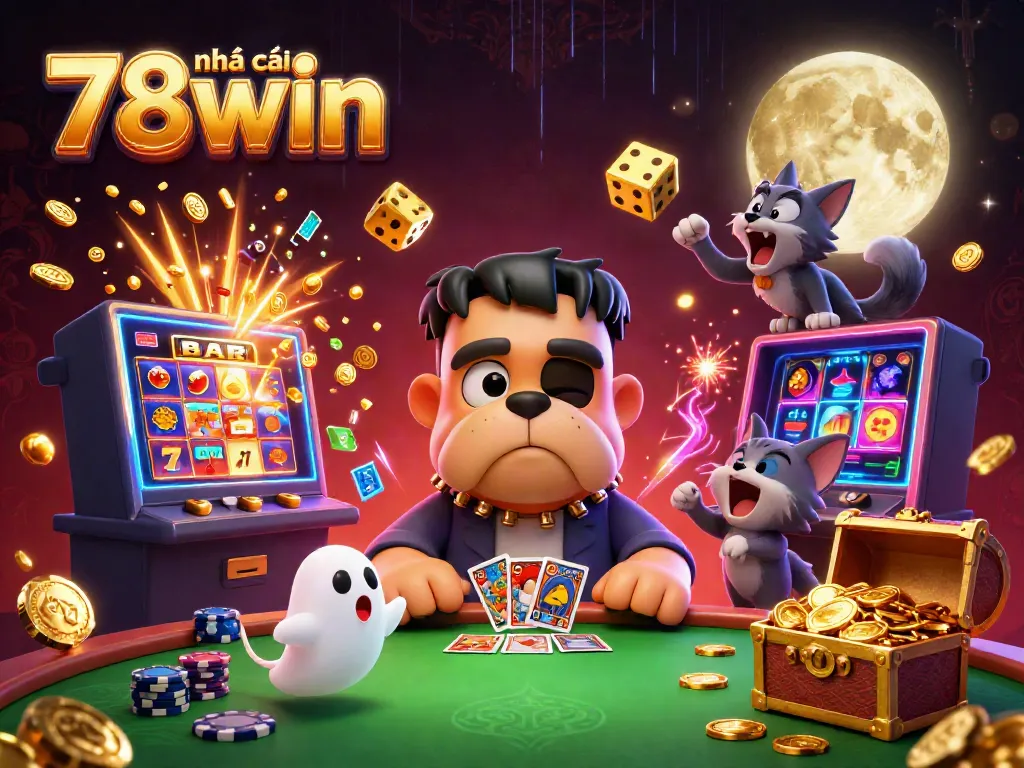 Engaging casino scene at nhà cái 78win featuring a playful cartoon monster dealing cards at a green-lit table, surrounded by vibrant gambling elements.